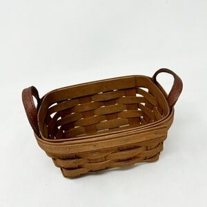 LONGABERGER 2007 Brown Handmade Basket 3” X 5” X 3” Leather Handles Made In USA